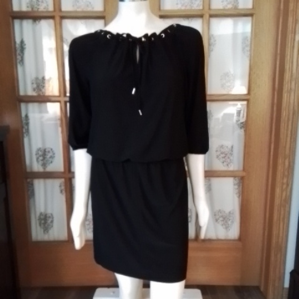 White House Black Market Classic Black Dress, Gold Accents, Size M.
